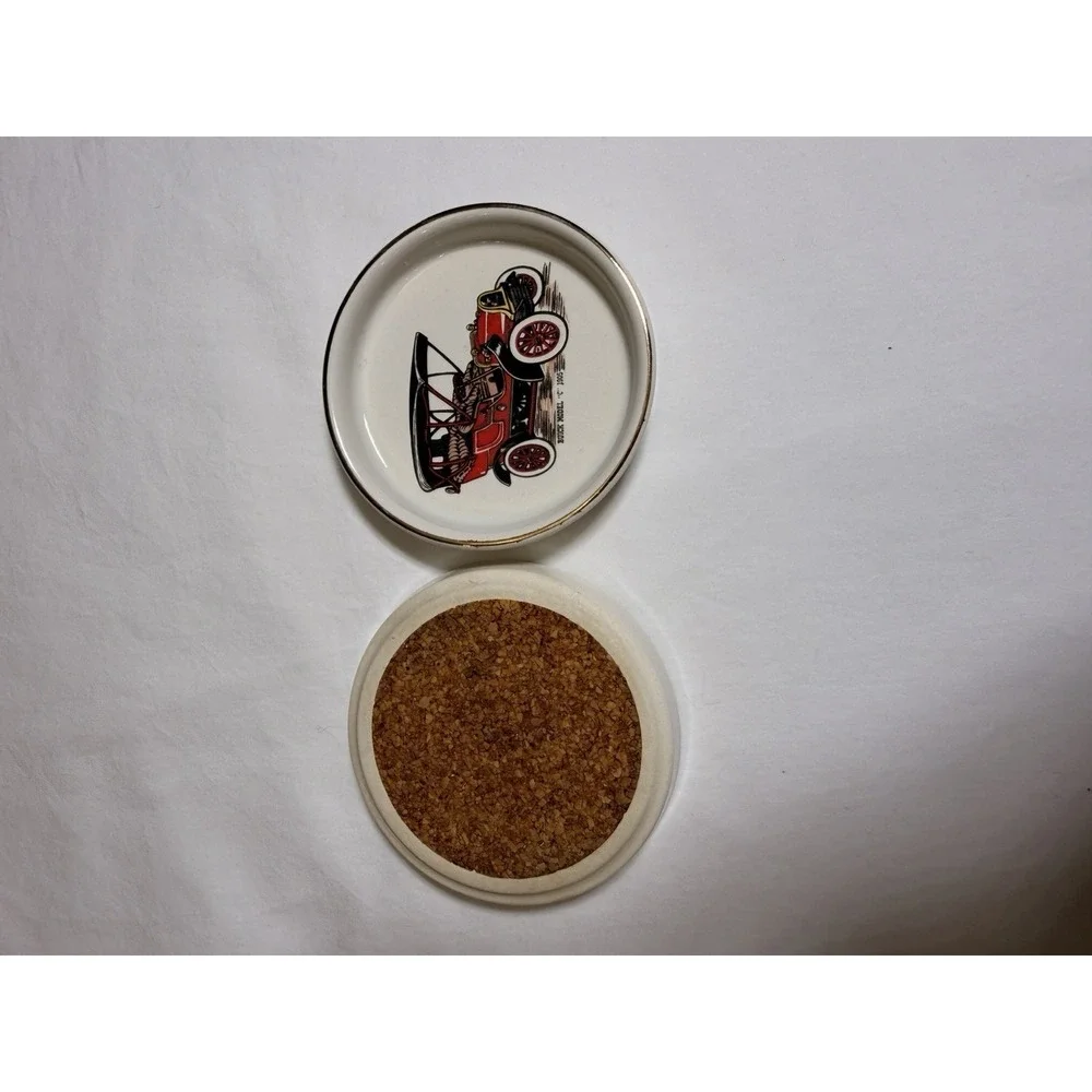 Vintage Buick Model C 1905 Ceramic Coasters Cork Back Gold Rim Set of 2 Red Car